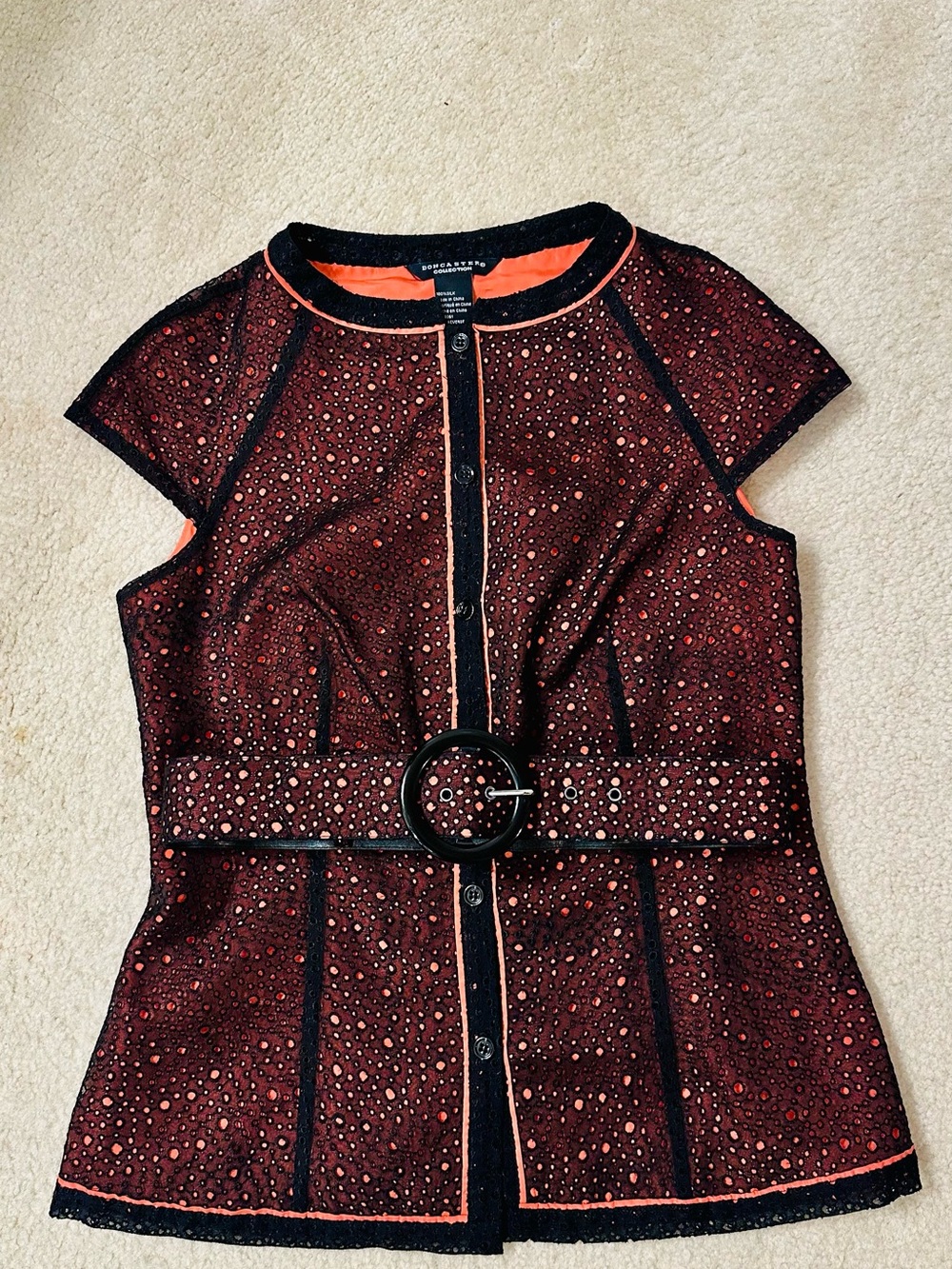 Doncaster Red and Black Short-Sleeve Button Front Top with Belt